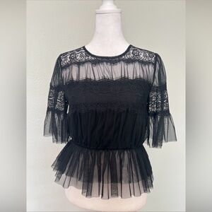 Forever 21 Black Tulle Lace Cropped Peplum Top Size Small